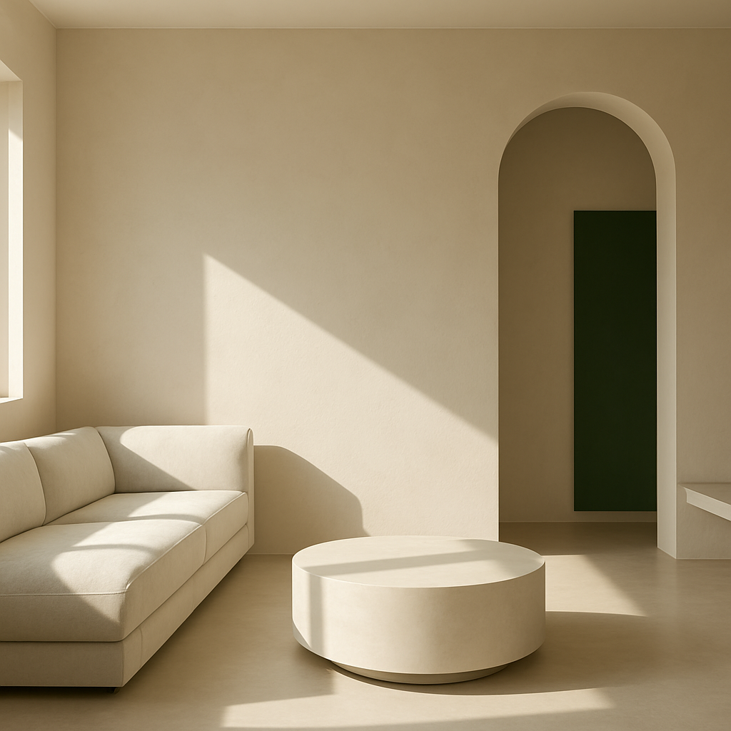 Modern minimalist home interior with soft natural light and clean surfaces